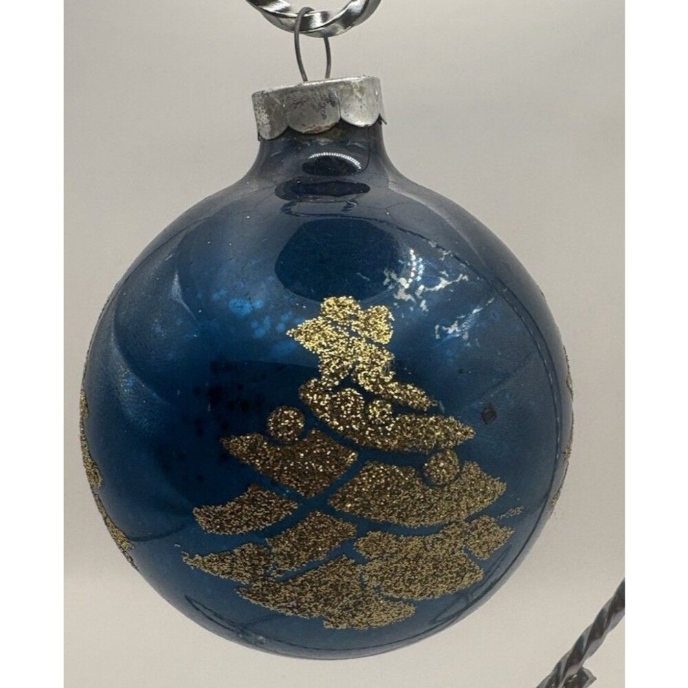 VINTAGE PYRAMID BLUE STENCILED ORNAMENT~4” ~GOLD TREE ~USA~